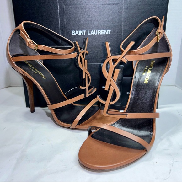 SAINT LAURENT CASSANDRA 100 SANDAL METAL YSL LOGO BROWN LEATHER SZ 39.5 NEW! - Picture 2 of 16